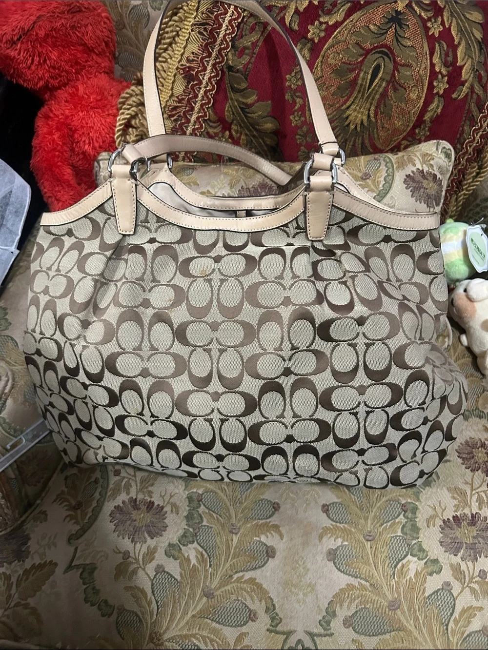 Coach Beige Signature Canvas Tote with Pink Center Panel